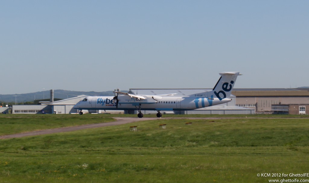 FlyBe Dash8 Q400 landing at East Midlands Airport – Image Economy Class and Beyond