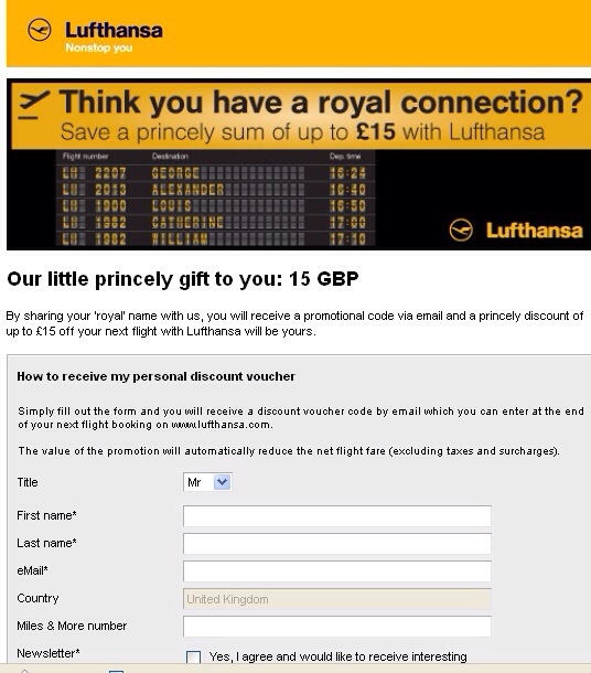Lufthansa offers £15 vouchers for sharing your "Royal" Name Economy