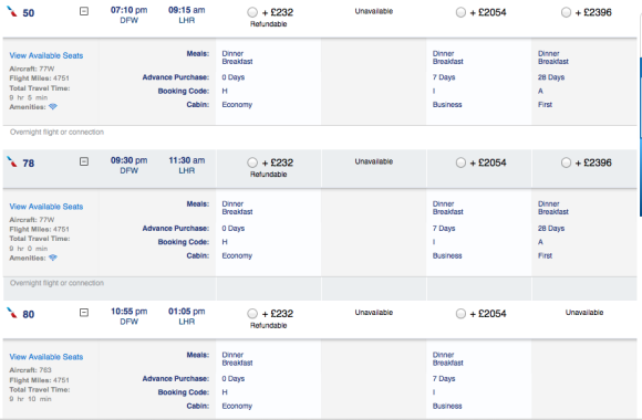  Dallas Fort Worth Flights to London Heathrow, as listed on the American Airlines site width=