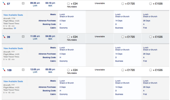London Heathrow to Miami Flights, as listed on the American Airlines site.