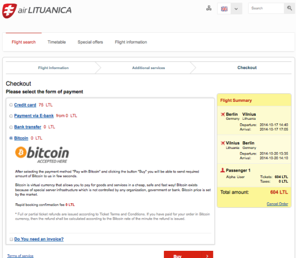 Air Lituanica Payment screen showing bitcoin option