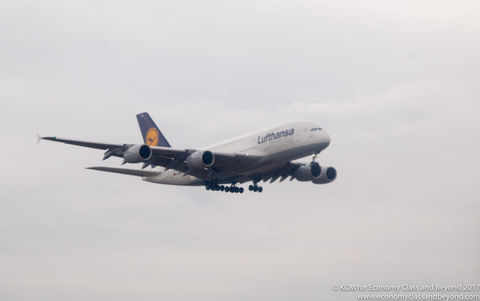 Lufthansa Airbus A380 on approach to Frankfurt Airport