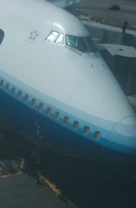 close-up of a plane in a hangar