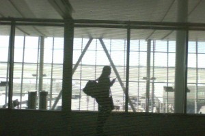 a woman walking in a building