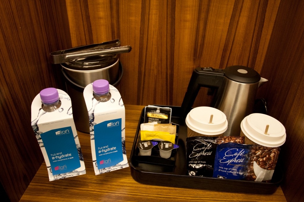 a tray of coffee and beverages