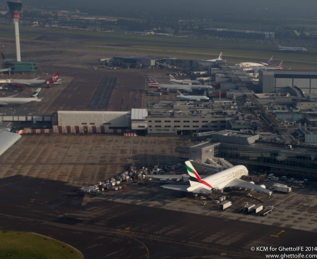 Emirates Airbus A380 from above at Heathrow Airport- Image Economy Class and Beyond