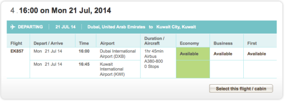 Emirates A380 DXB to KWI booking