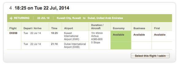 Emirates A380 KWI to DXB booking