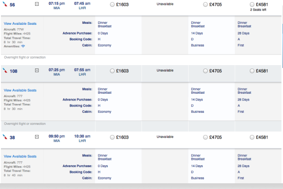 Miami Flights to London Heathrow, as listed on the American Airlines site
