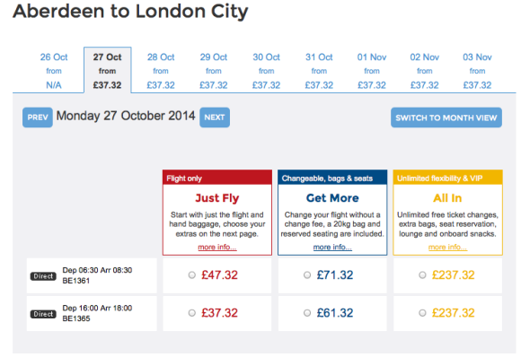 FlyBe Aberdeen to London City Fares
