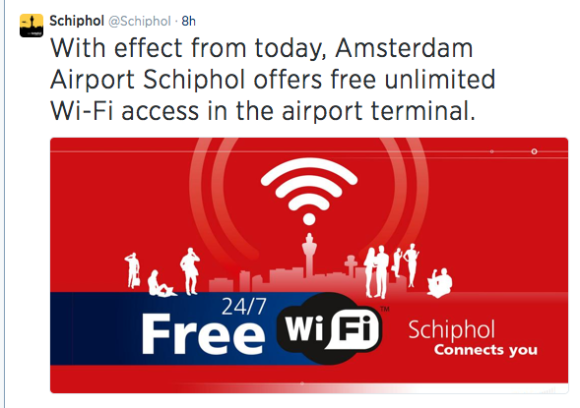 Free Wifi at Amsterdam Schipol  - Image via Twitter