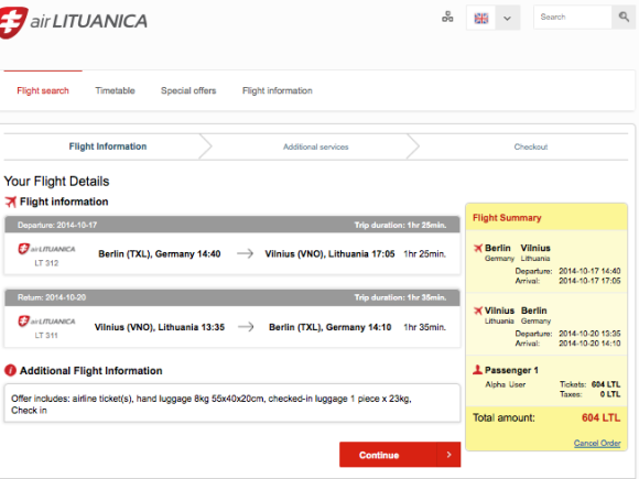 Air Lituanica booking screenshot without Bitcoin
