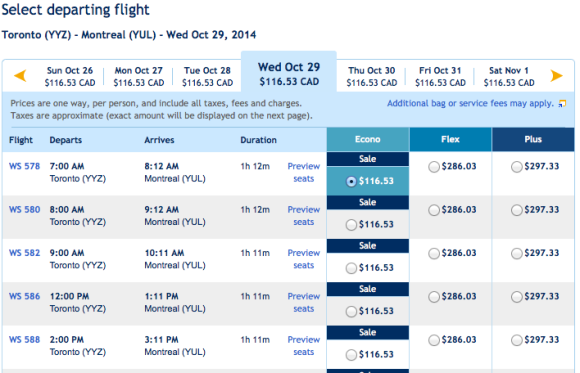 WestJet Fares from 29th October