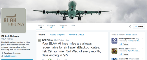 BLAH Airlines Twitter feed
