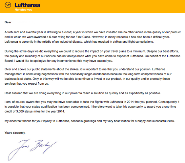 Lufthansa FTL Status Miles Email