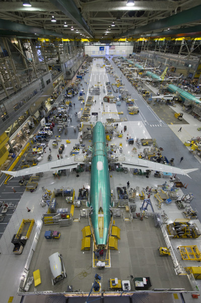 737 Max; Renton Factory; 1st 737 Max on line; Aerial View from Tail; K66444-02