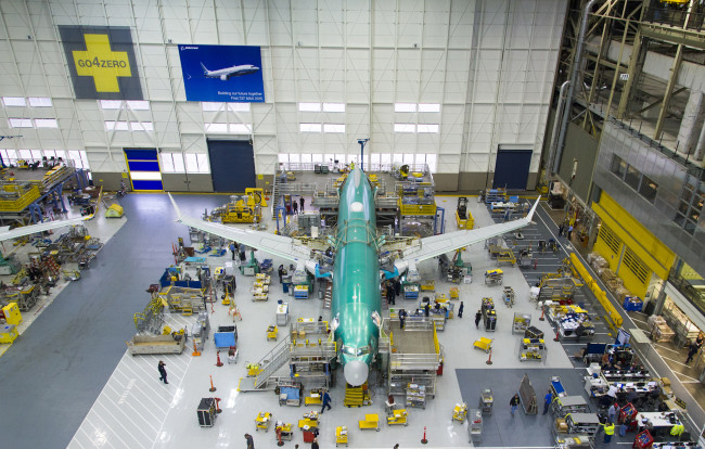 737 Max; Renton Factory; 1st 737 Max on line; Aerial View from Front; K66444-03