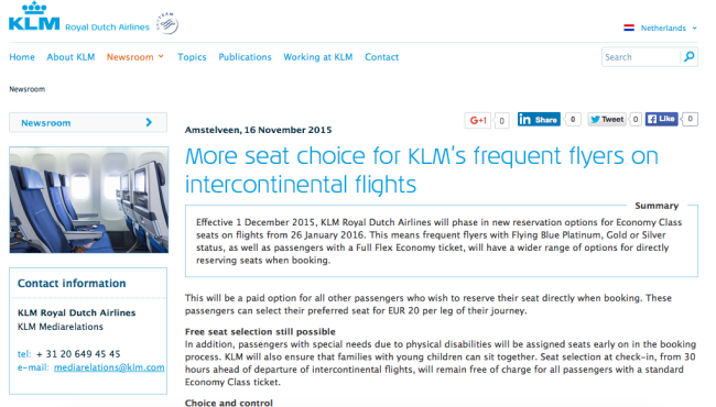 KLM Advanced Seat Reservation PR 
