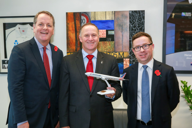 American Airlines chairman and CEO, Doug Parker, New Zealand Prime Minister, John Key and Qantas Group Chief Executive Officer, Alan Joyce
