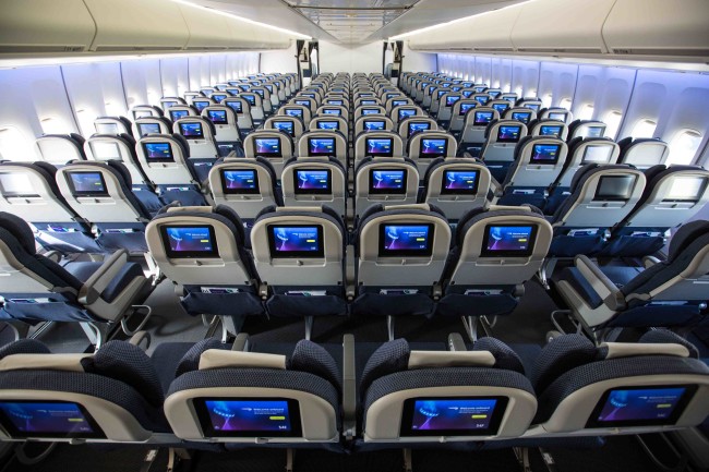 CARDIFF, UK: British Airways World Traveller on board a Boeing 747 aircraft at BAMC, Cardiff International Airport on 07 September 2015 - Image via Airline Services Interiors
