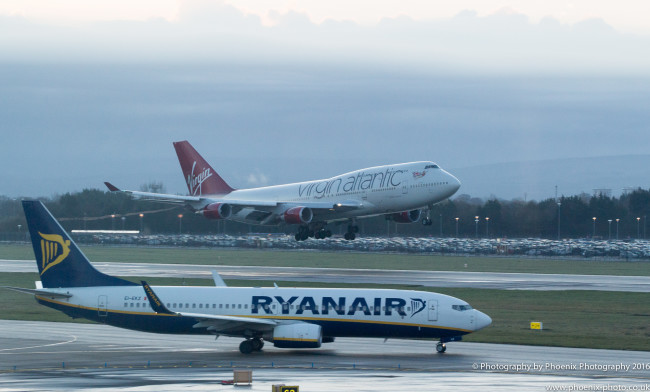 Virgin Atlantic Boeing 747-400 landing at Manchester Airport (along with a Ryanair Boeing 737-800 taxing) - Image, Economy Class and Beyond