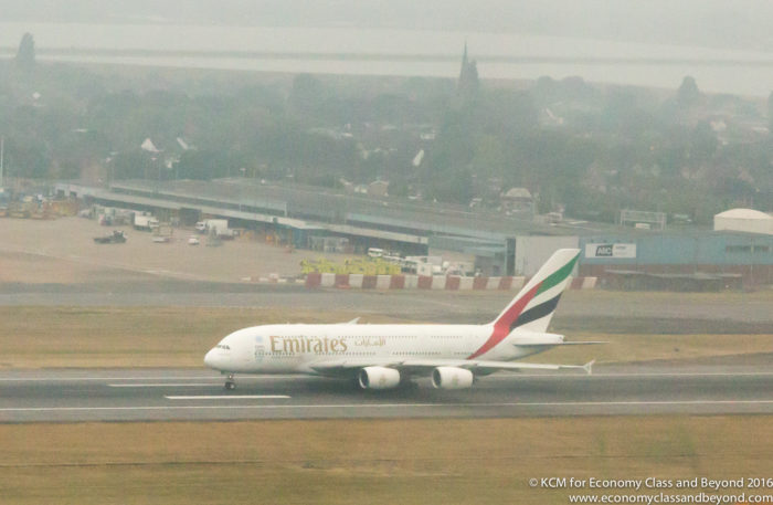 Emriates Airbus A380 taking off - from Heathrow Tower