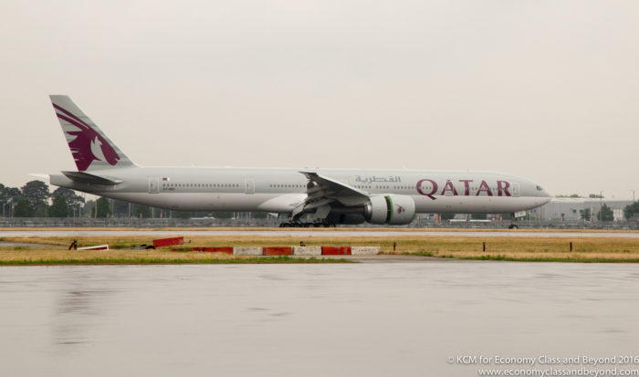 Qatar Airways Boeing 777-300ER landing at Heathrow - Image, Economy Class and Beyond - to be used on the cape town route