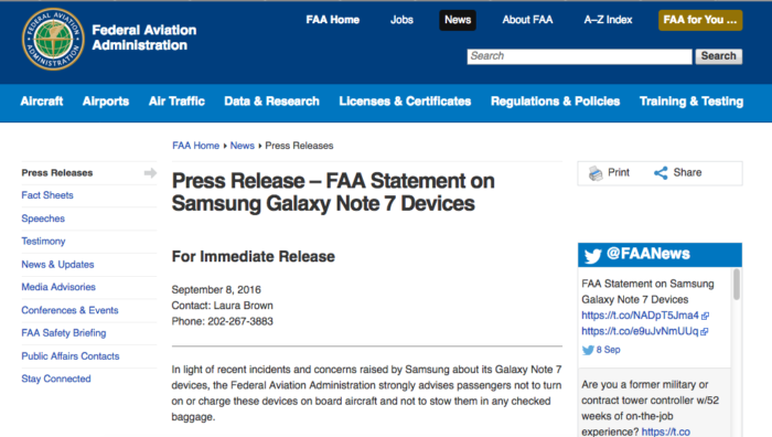 Samsung Galaxy Note 7 Advisory from the FAA