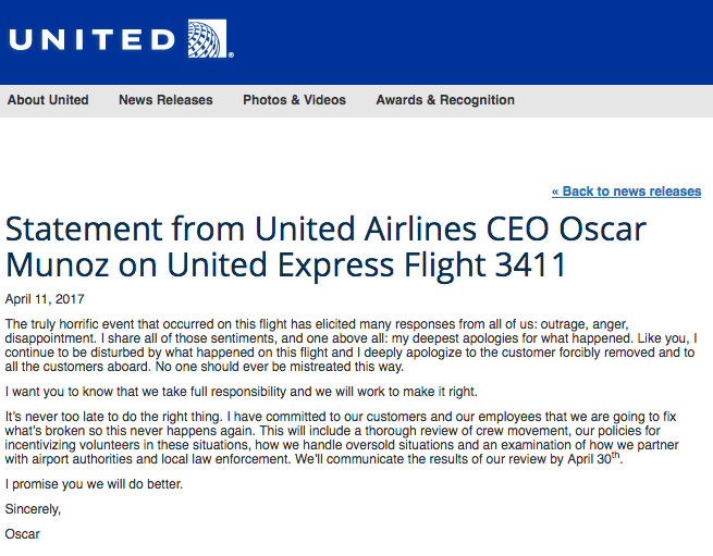 United Airlines 3411 Apology