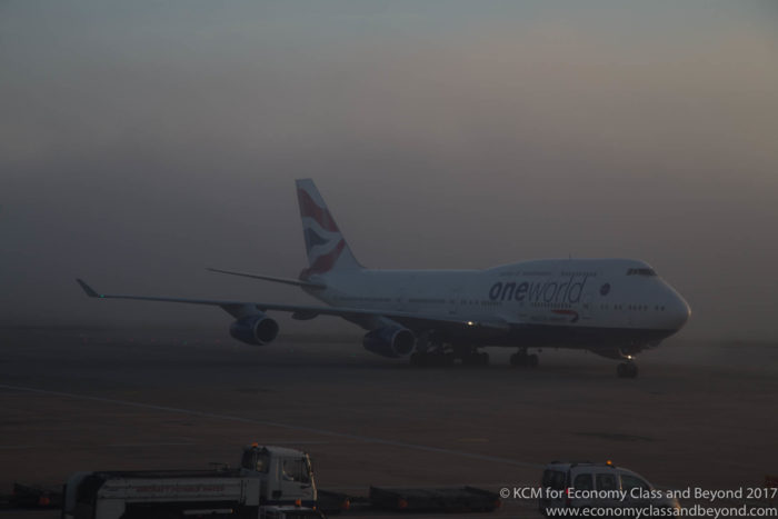 British Airways Boeing 747-400 emerging from the fog