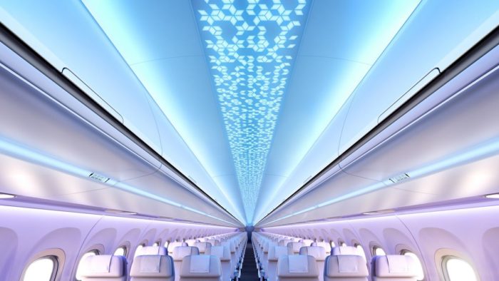 inside a plane with blue lights with Milwaukee Art Museum in the background