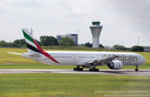 Emirates Boeing 777-300ER preparing to take off from Birmingham Airport - Image Economy Class and Beyond