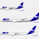 a group of airplanes with blue and white text