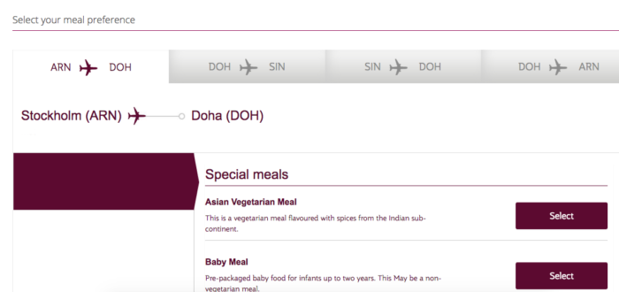 Qatar Airways Pre-flight selection