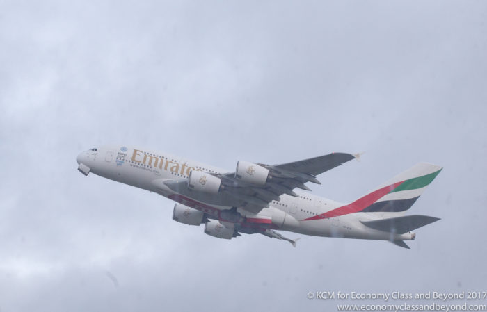 Emirates Airbus A380 departting Heathrow - Image, Economy Class and Beyond
