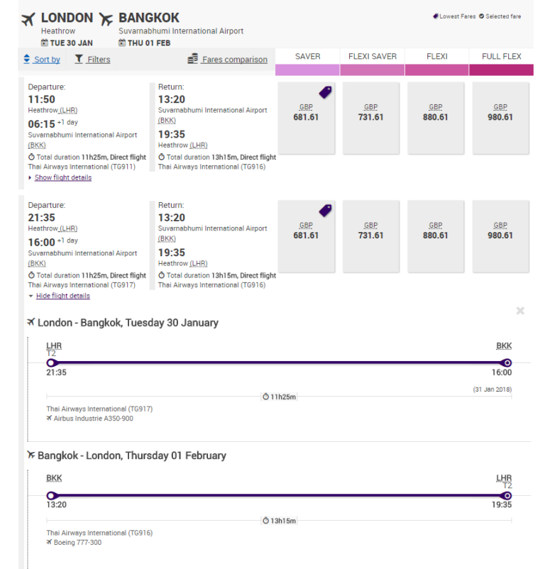 Thai Airways 777 returns a - Economy Class & Beyond