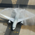 Qatar Airways Boeing 787 water cannon salute at Gatwick Airport - Image, Qatar Airways