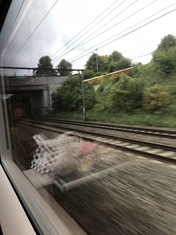 a train window with a bag on the side