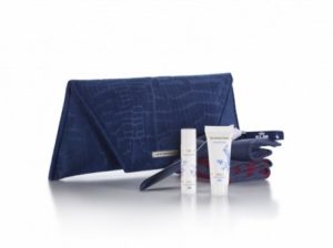 a blue clutch bag with a few small bottles of cream and a towel