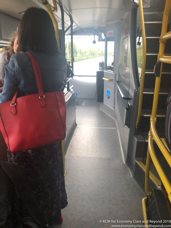 a woman with a red purse on a bus