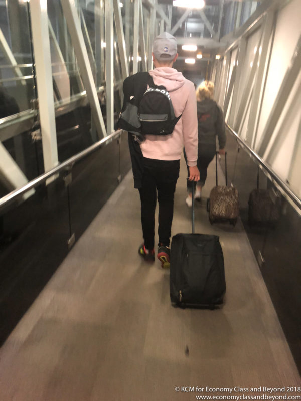 a person with luggage on a walkway