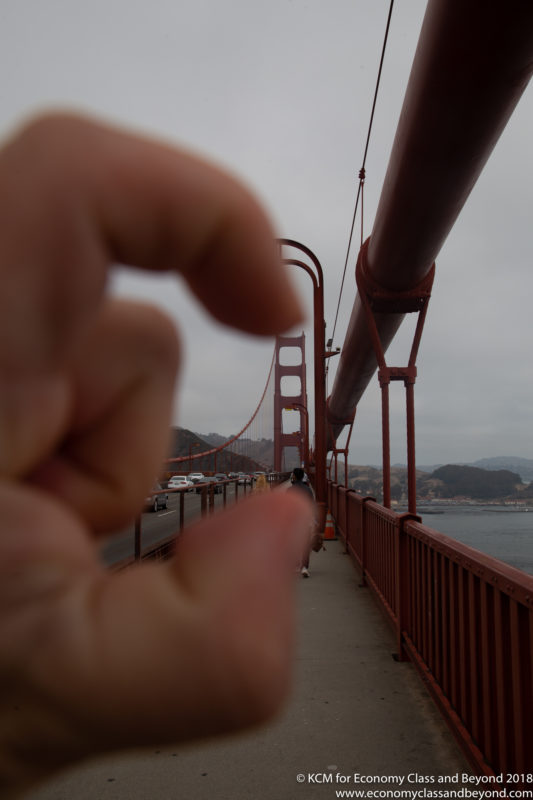 a hand holding a red bridge