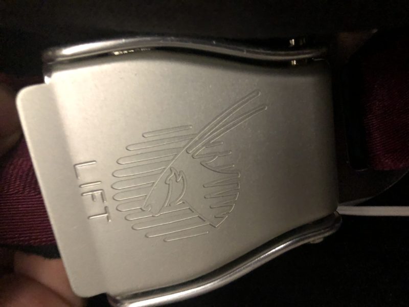 a seat belt buckle with a logo