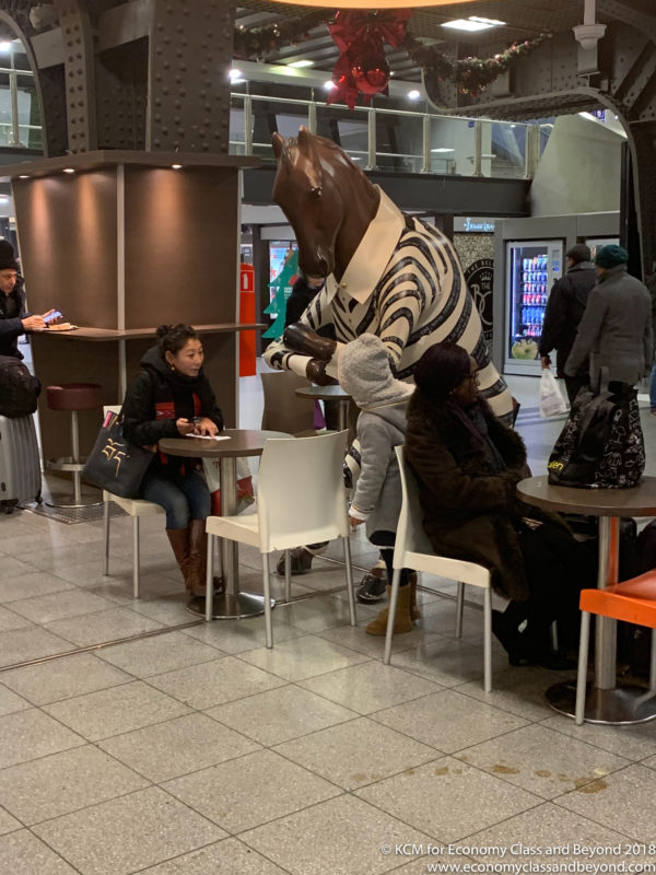 a person in a zebra garment sitting at a table