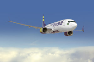 a white and purple airplane flying in the sky