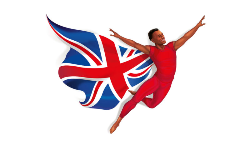 a man flying with a flag