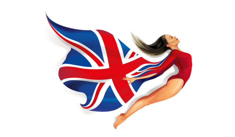 a woman in a red leotard with a flag