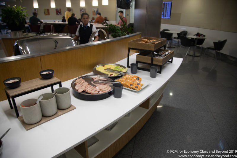 a buffet table with food on it