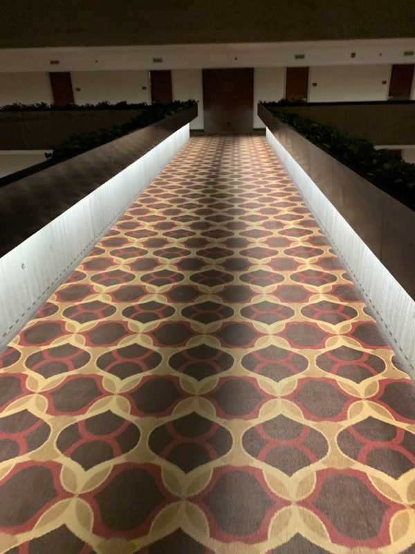 a hallway with a carpet and lights