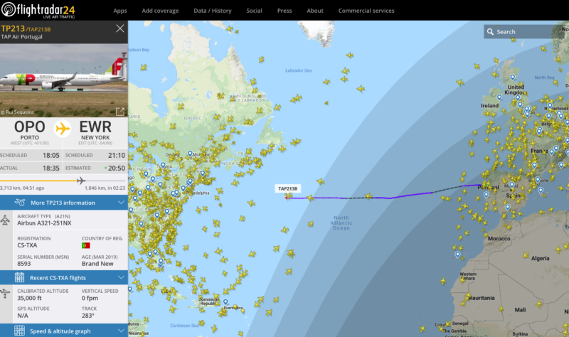 TAP Air Portugal A321LR first TATL flight map - Data: FlightRada24